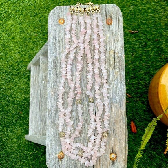NWOT St. John Pink Three Strand Rose Quartz Beaded Necklace w/Crystals Designer - Picture 2 of 9